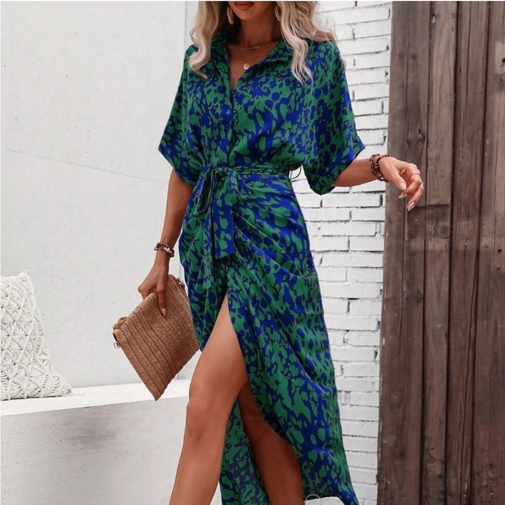 Multicolor Boho Womens Allover Print Batwing Sleeve Belted Shirt Dress